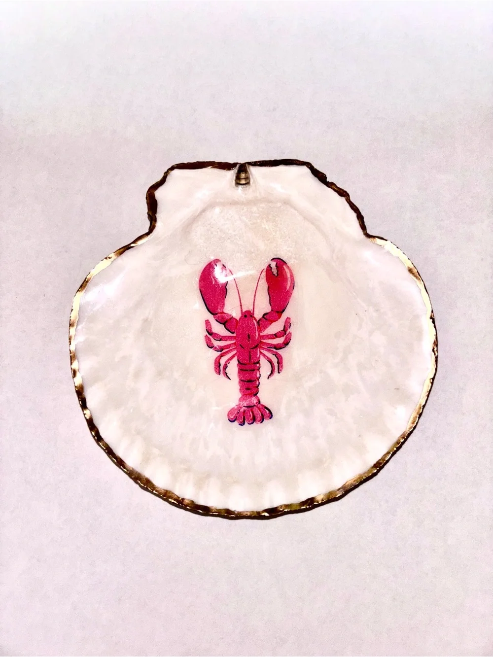 Decoupage Scallop Shell Pink Lobster Shell Trinket Dish with Gold Edge